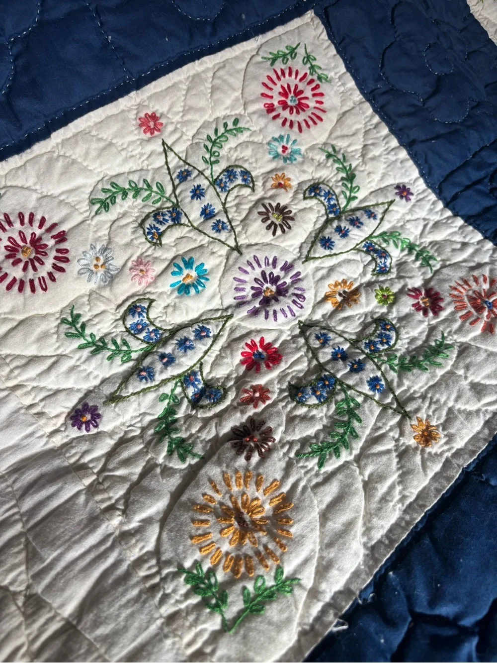 Handcrafted Floral Embroidered Quilt - Navy and White